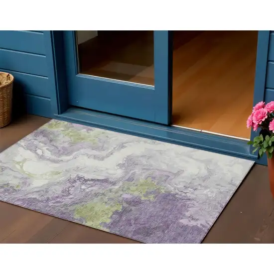 Lavender And Fern Green Abstract Washable Indoor Outdoor Area Rug Photo 2
