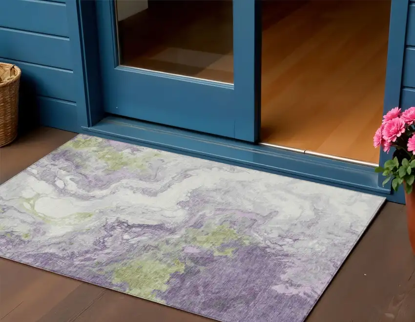 Lavender And Fern Green Abstract Washable Indoor Outdoor Area Rug Photo 2