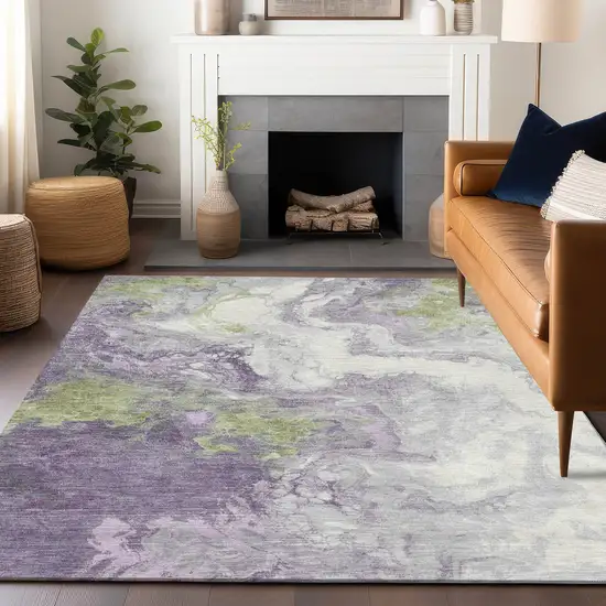 Lavender And Fern Green Abstract Washable Indoor Outdoor Area Rug Photo 6