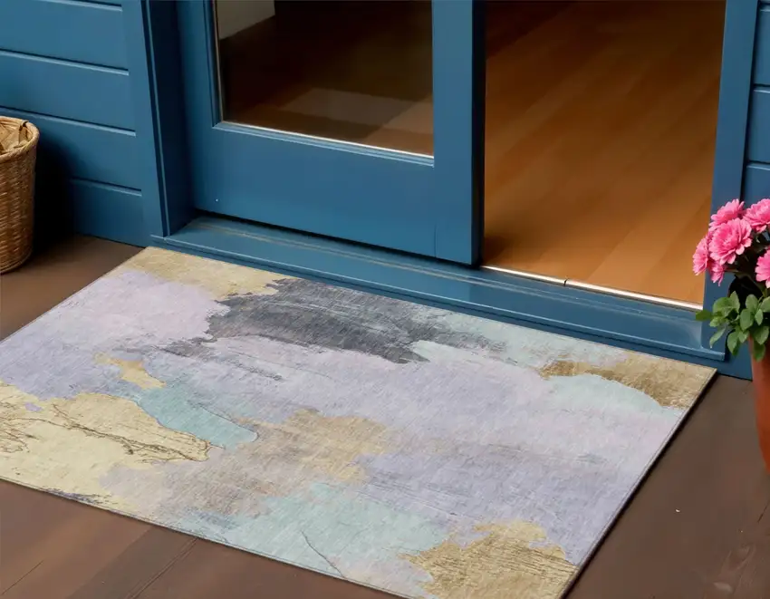 Lavender And Gold Abstract Washable Indoor Outdoor Area Rug Photo 2