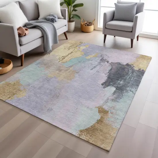 Lavender And Gold Abstract Washable Indoor Outdoor Area Rug Photo 5