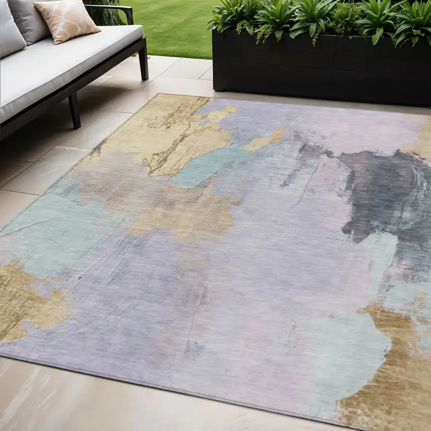 Lavender And Gold Abstract Washable Indoor Outdoor Area Rug Photo 2