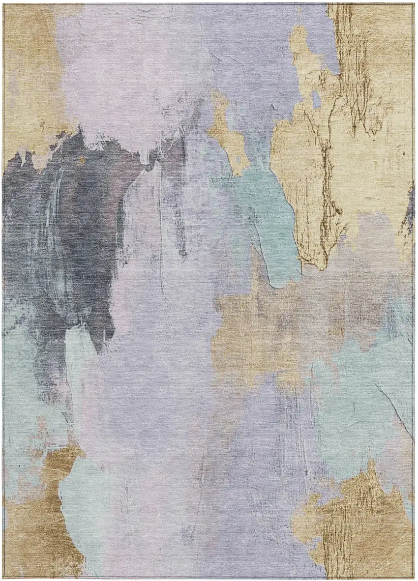 Lavender And Gold Abstract Washable Indoor Outdoor Area Rug Photo 9