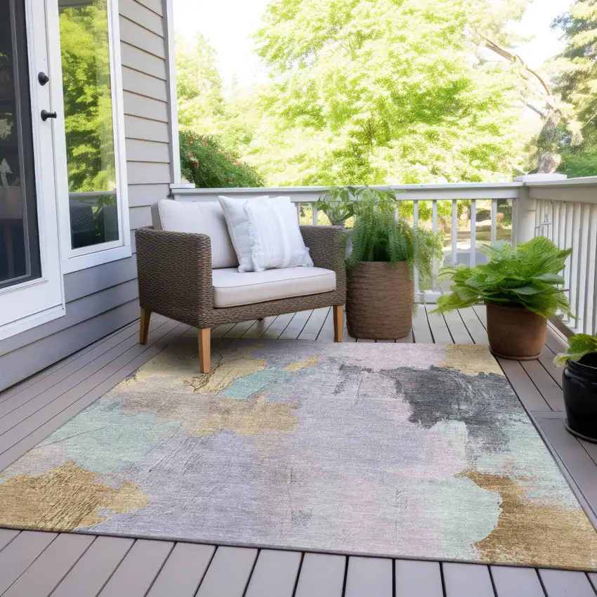 Lavender And Gold Abstract Washable Indoor Outdoor Area Rug Photo 7