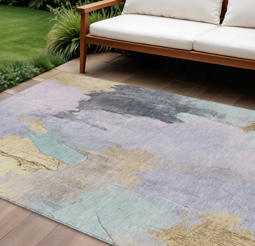 Lavender And Gold Abstract Washable Indoor Outdoor Area Rug Photo 2