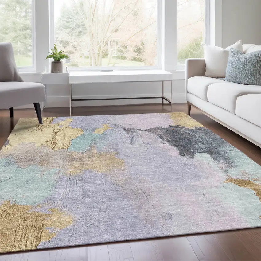 Lavender And Gold Abstract Washable Indoor Outdoor Area Rug Photo 6