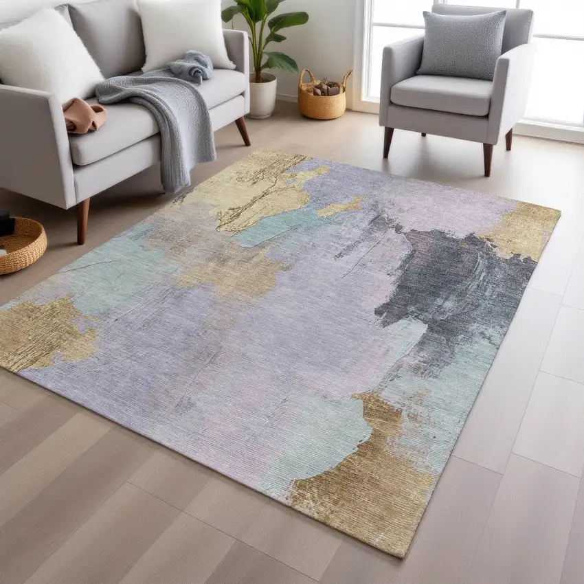 Lavender And Gold Abstract Washable Indoor Outdoor Area Rug Photo 5