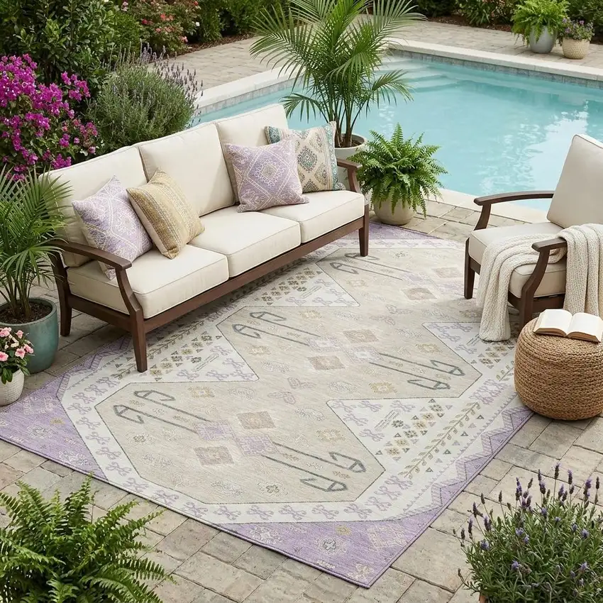 Lavender And Gold Geometric Washable Indoor Outdoor Area Rug Photo 1
