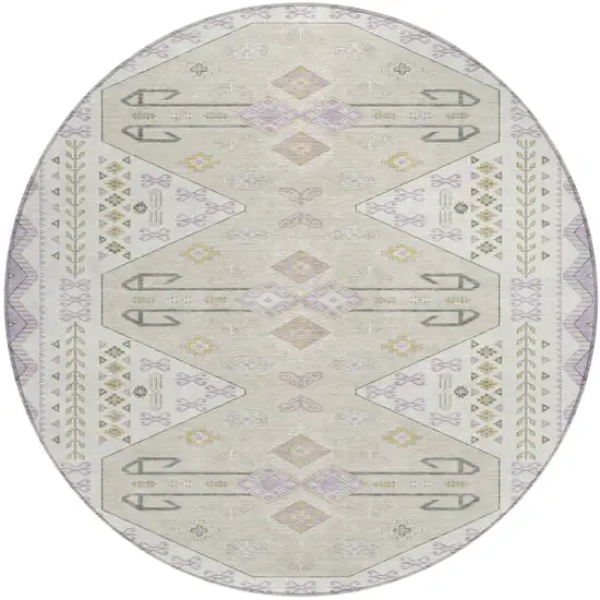 Lavender And Gold Round Geometric Washable Indoor Outdoor Area Rug Photo 1