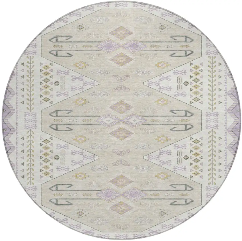 Lavender And Gold Round Geometric Washable Indoor Outdoor Area Rug Photo 1