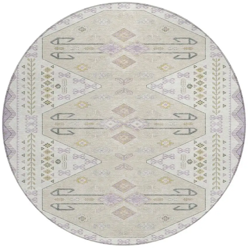 Lavender And Gold Round Geometric Washable Indoor Outdoor Area Rug Photo 3
