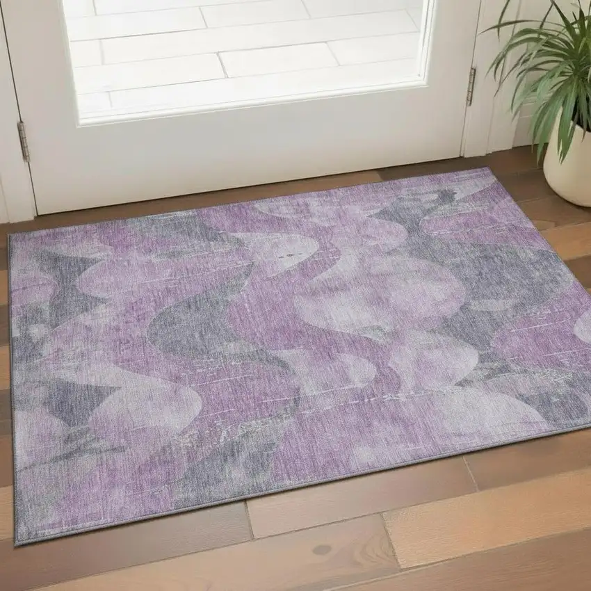 Lavender And Gray Abstract Washable Area Rug With UV Protection Photo 2