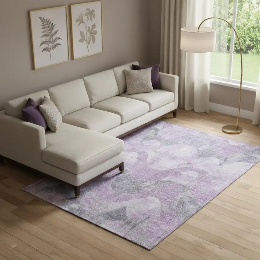 Lavender And Gray Abstract Washable Area Rug With UV Protection Photo 2