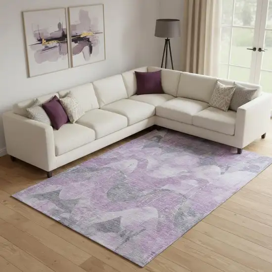 Lavender And Gray Abstract Washable Area Rug With UV Protection Photo 2