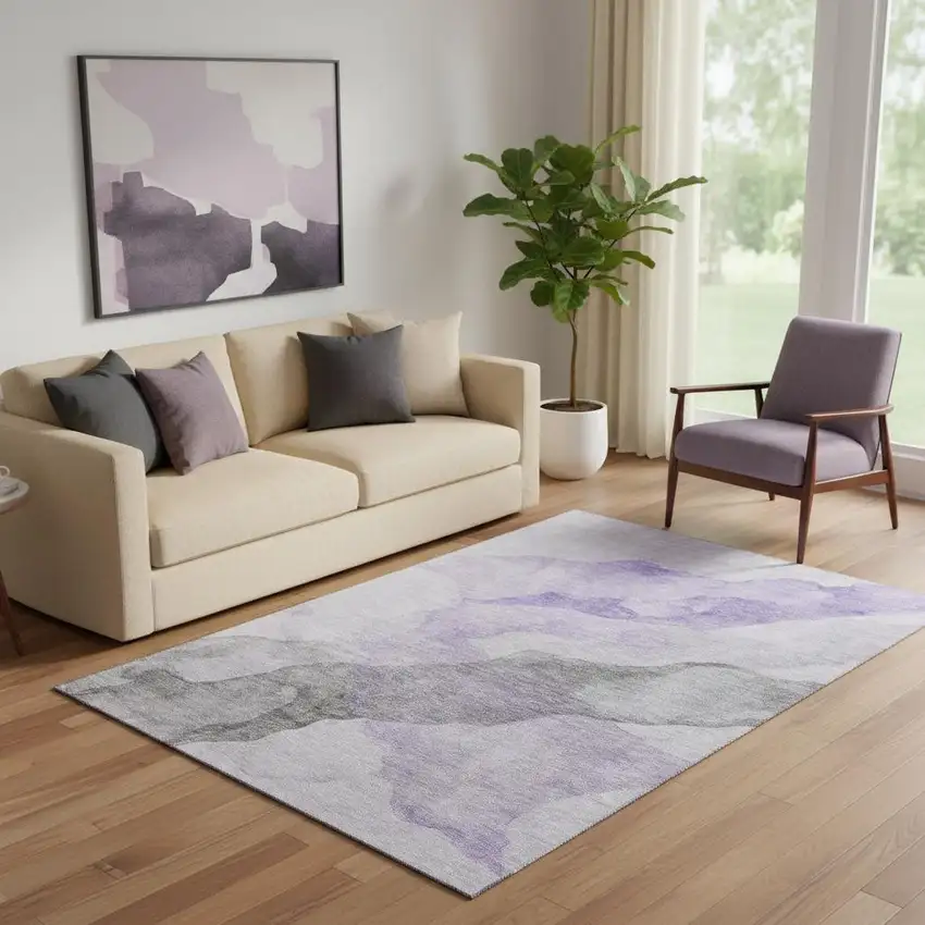 Lavender And Gray Abstract Washable Area Rug With UV Protection Photo 2