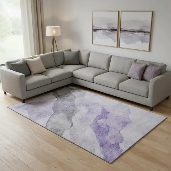Lavender And Gray Abstract Washable Area Rug With UV Protection Photo 2