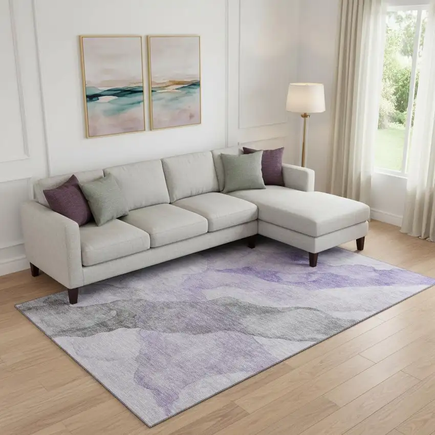 Lavender And Gray Abstract Washable Area Rug With UV Protection Photo 2