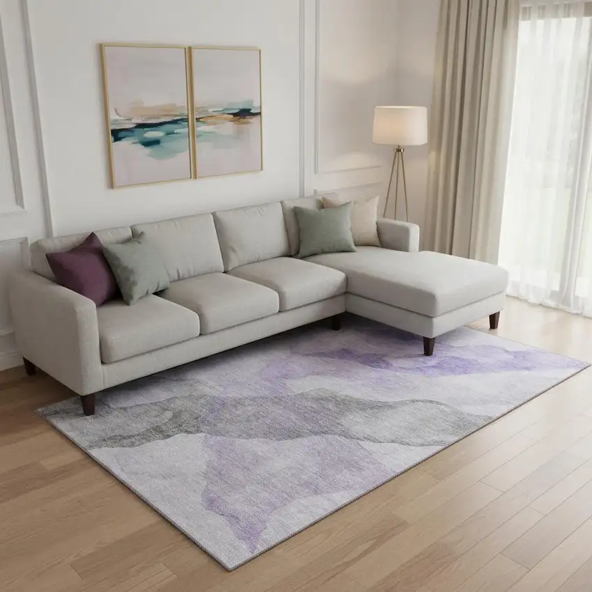 Lavender And Gray Abstract Washable Area Rug With UV Protection Photo 2