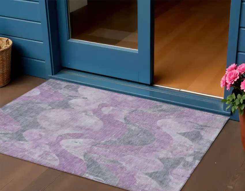 Lavender And Gray Abstract Washable Indoor Outdoor Area Rug Photo 3