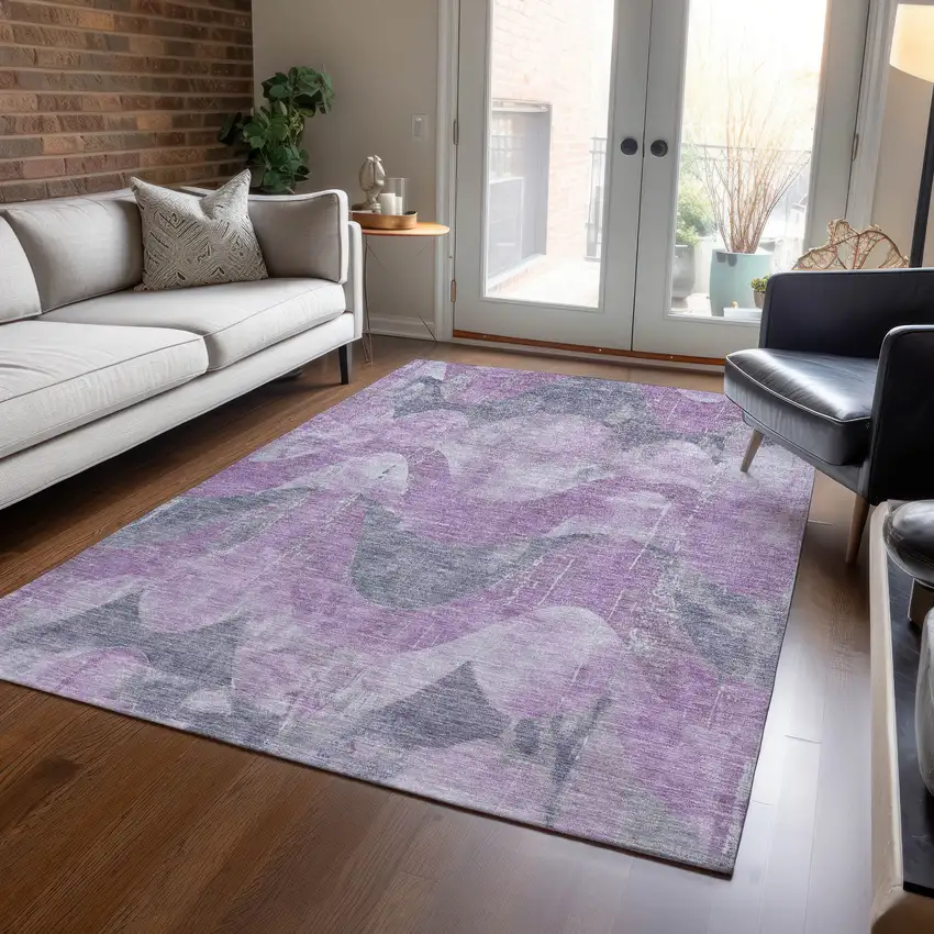 Lavender And Gray Abstract Washable Indoor Outdoor Area Rug Photo 7