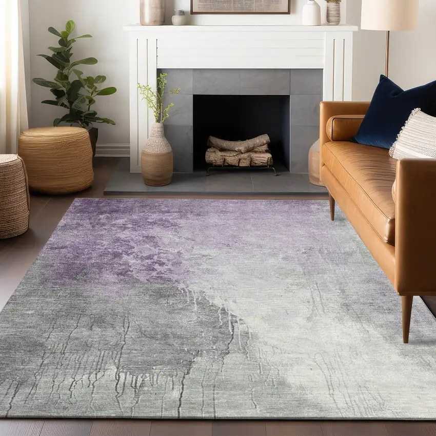 Lavender And Gray Abstract Washable Indoor Outdoor Area Rug Photo 6