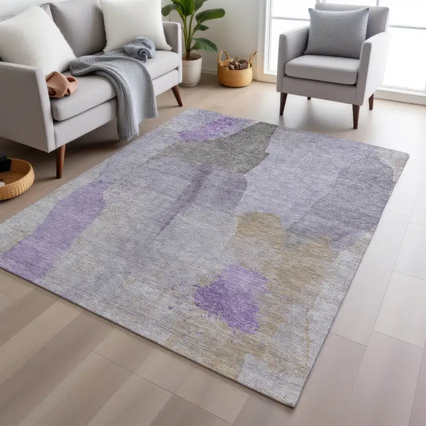 Lavender And Gray Abstract Washable Indoor Outdoor Area Rug Photo 5
