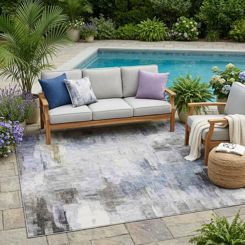 Lavender And Gray Abstract Washable Indoor Outdoor Area Rug Photo 1