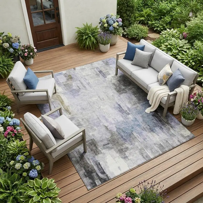 Lavender And Gray Abstract Washable Indoor Outdoor Area Rug Photo 1