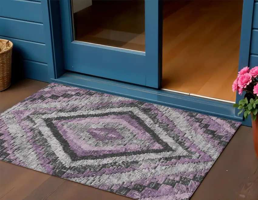 Lavender And Gray Aztec Washable Indoor Outdoor Area Rug Photo 2