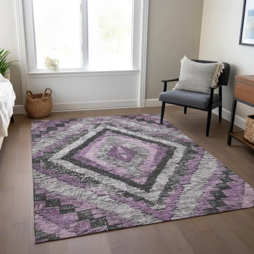 Lavender And Gray Aztec Washable Indoor Outdoor Area Rug Photo 7