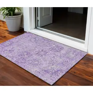 Photo of Lavender And Gray Damask Washable Indoor Outdoor Area Rug