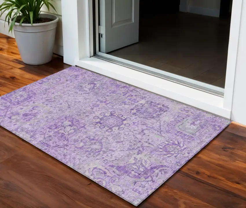 Lavender And Gray Damask Washable Indoor Outdoor Area Rug Photo 1