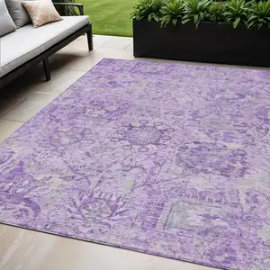 Photo of Lavender And Gray Damask Washable Indoor Outdoor Area Rug