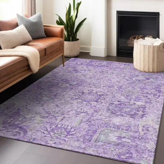 Lavender And Gray Damask Washable Indoor Outdoor Area Rug Photo 8
