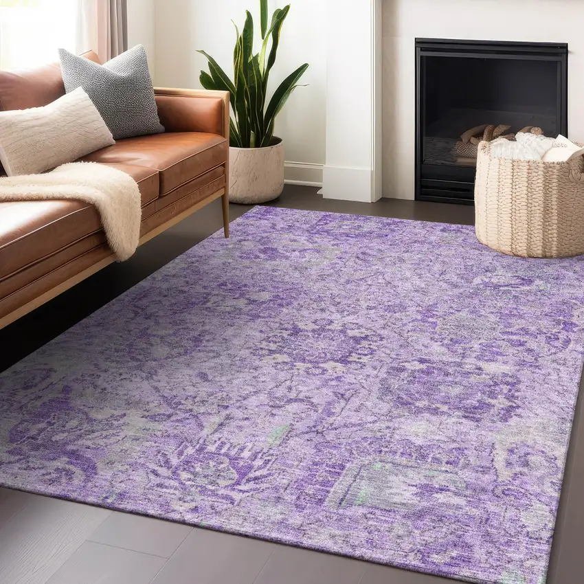 Lavender And Gray Damask Washable Indoor Outdoor Area Rug Photo 8
