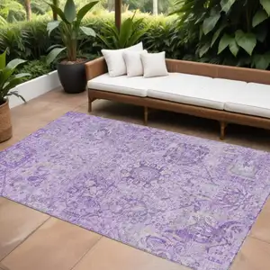 Photo of Lavender And Gray Damask Washable Indoor Outdoor Area Rug