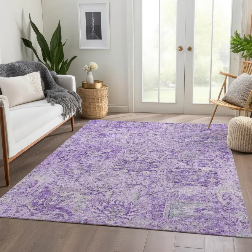 Lavender And Gray Damask Washable Indoor Outdoor Area Rug Photo 9