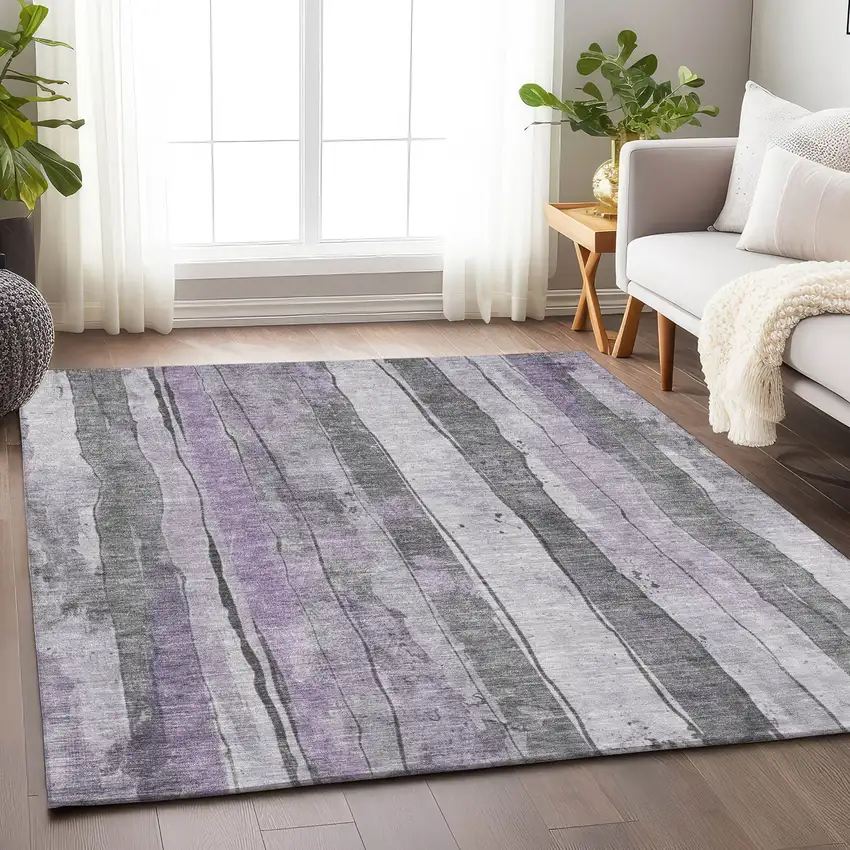 Lavender And Gray Striped Washable Indoor Outdoor Area Rug Photo 6