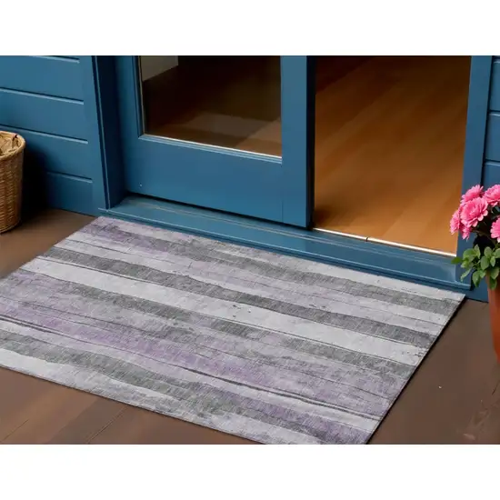 Lavender And Gray Striped Washable Indoor Outdoor Area Rug Photo 2