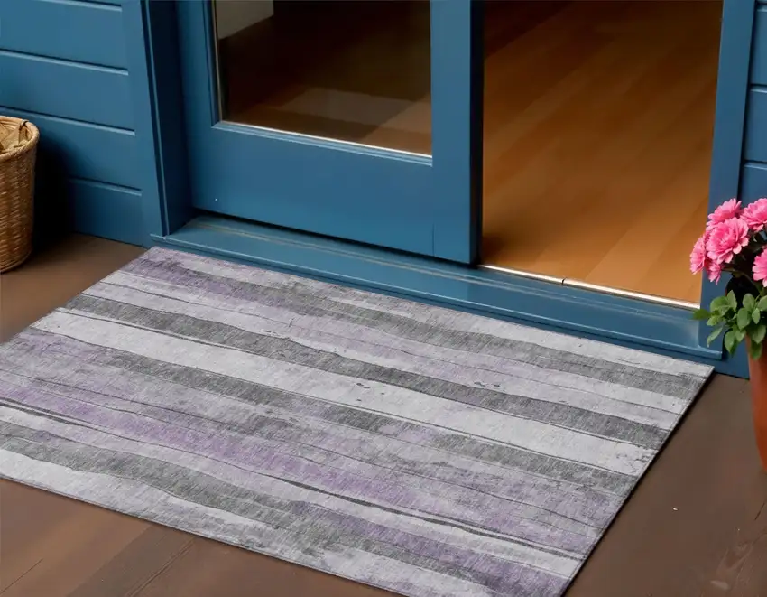 Lavender And Gray Striped Washable Indoor Outdoor Area Rug Photo 2