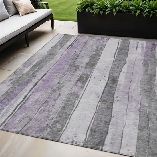 Lavender And Gray Striped Washable Indoor Outdoor Area Rug Photo 2