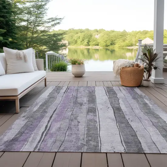 Lavender And Gray Striped Washable Indoor Outdoor Area Rug Photo 4