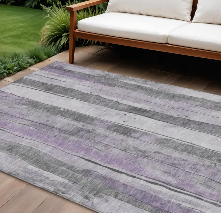 Lavender And Gray Striped Washable Indoor Outdoor Area Rug Photo 2