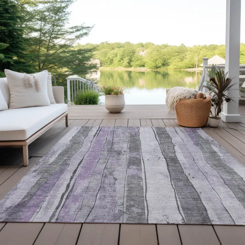 Lavender And Gray Striped Washable Indoor Outdoor Area Rug Photo 5