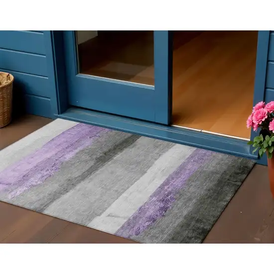 Lavender And Gray Striped Washable Indoor Outdoor Area Rug Photo 2