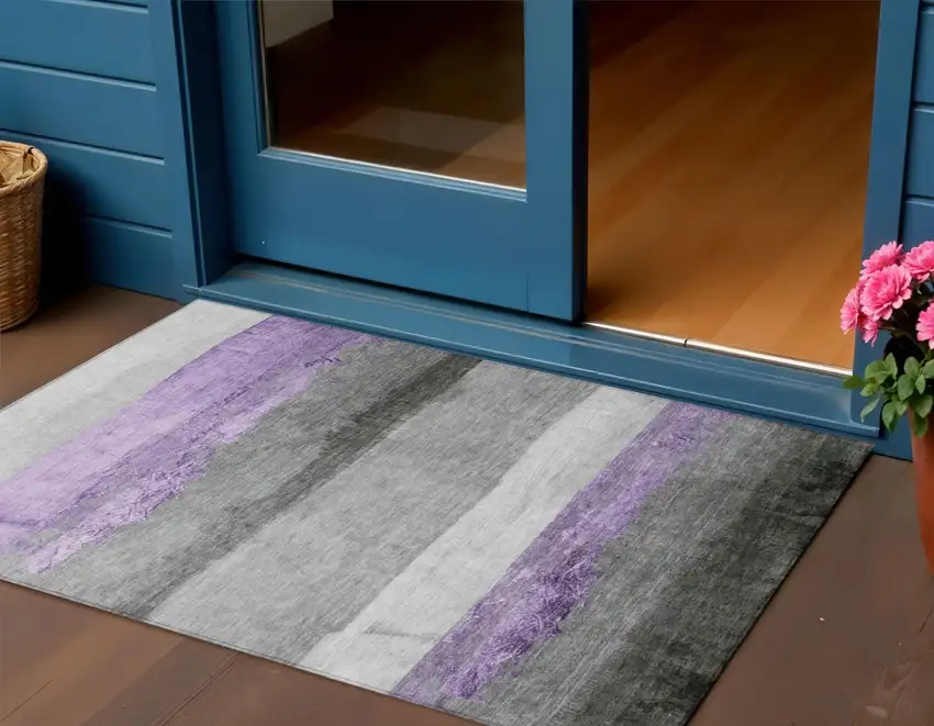 Lavender And Gray Striped Washable Indoor Outdoor Area Rug Photo 2