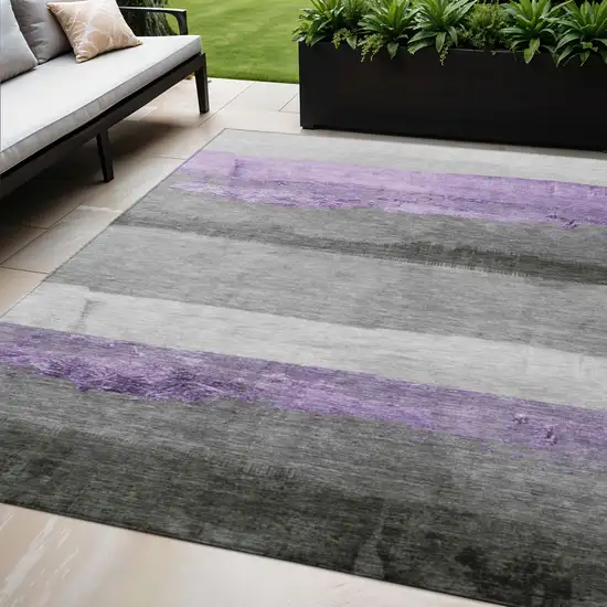 Lavender And Gray Striped Washable Indoor Outdoor Area Rug Photo 2