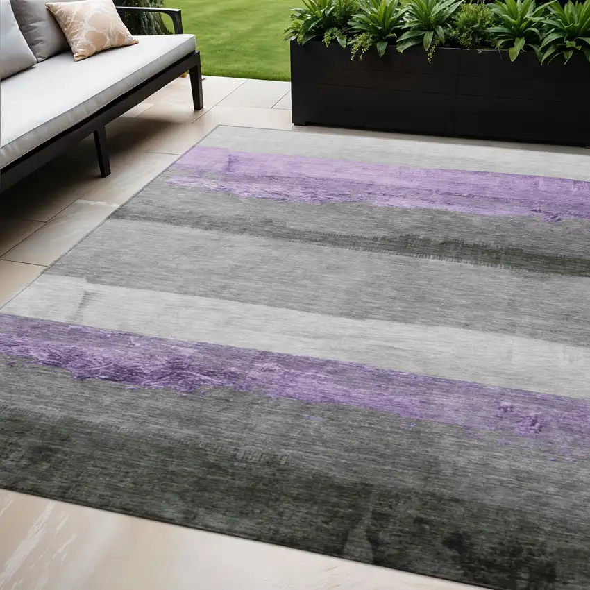 Lavender And Gray Striped Washable Indoor Outdoor Area Rug Photo 2