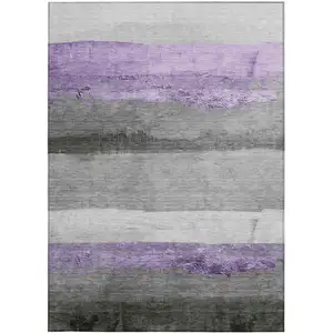 Photo of Lavender And Gray Striped Washable Indoor Outdoor Area Rug