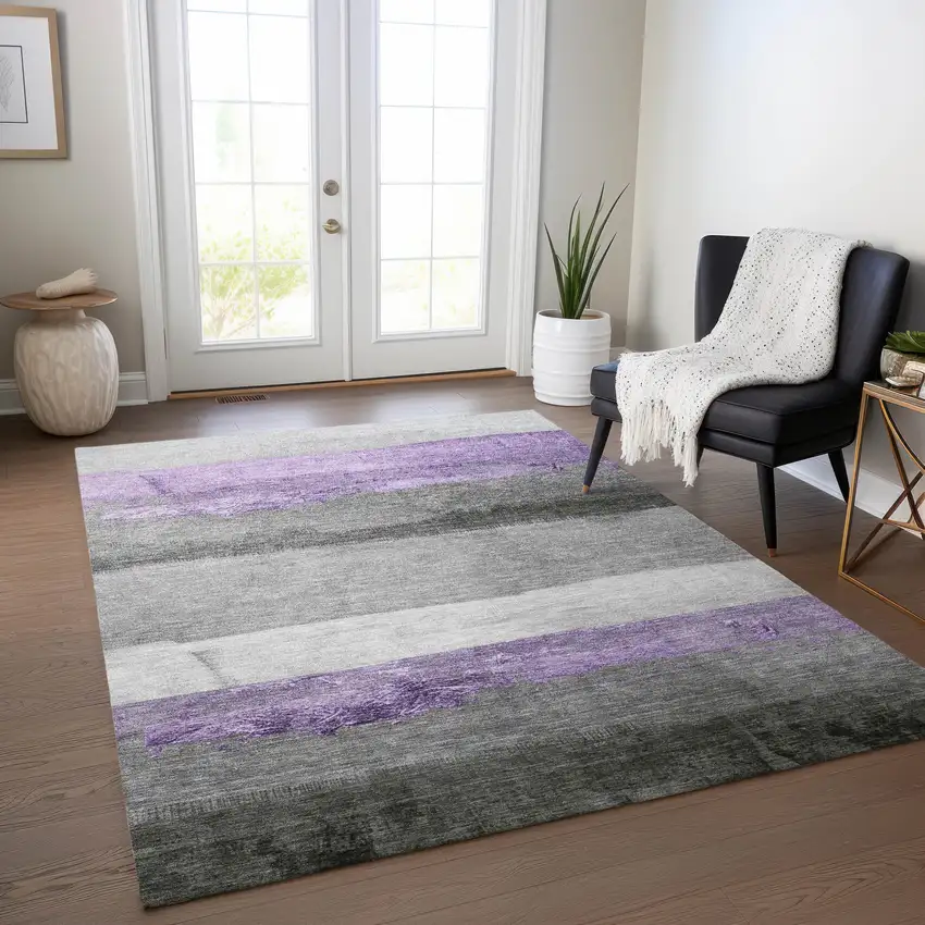 Lavender And Gray Striped Washable Indoor Outdoor Area Rug Photo 5